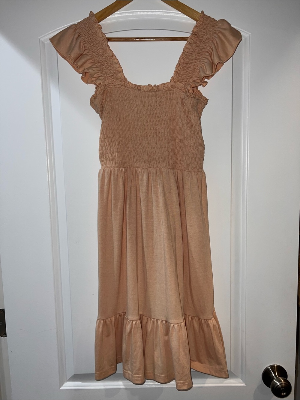 Womens Peach Ruffle Sleeve Smocked Dress